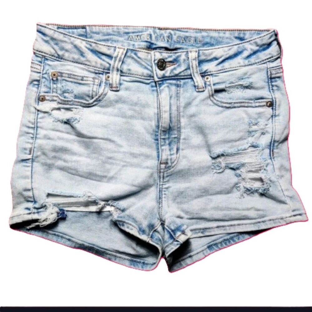 American Eagle High Rise Shortie Denim Shorts Light Wash Distressed Womens 6